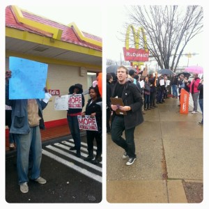 At the McDonald's people energetically chanted to demand $15 an hour. The rain didn't  dampen spirits. 